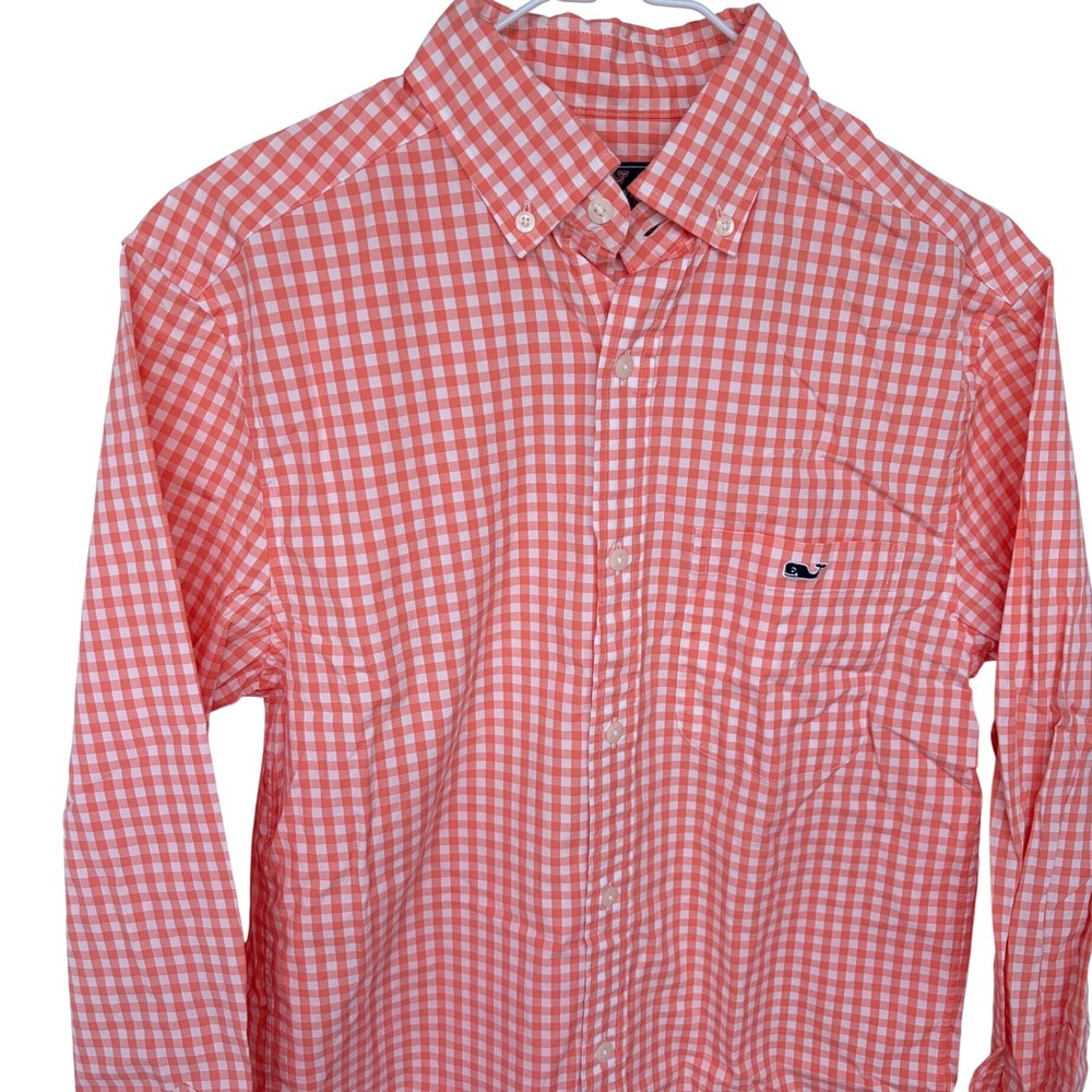 Vineyard Vines Gingham Plaid Button Up Tucker Shirt XS Mens Salmon Pink Preppy